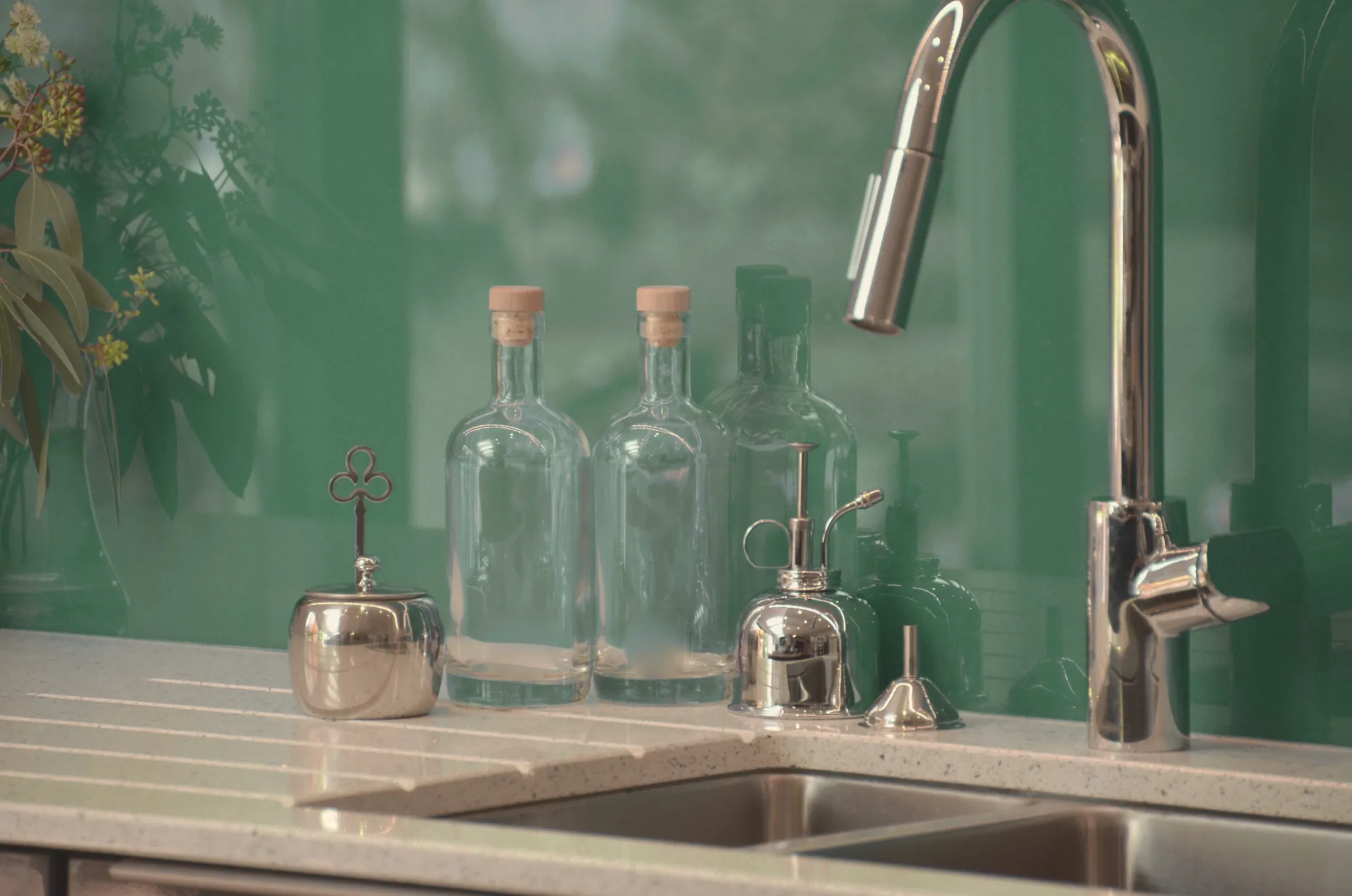 Cleaning bottles beside a sink